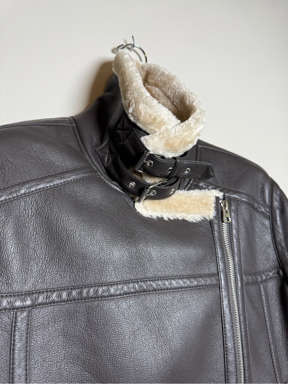 Topshop | Faux Shearling Aviator Jacket Biker Moto Coat | Brown | Size US S UK 8 - Picture 3 of 13